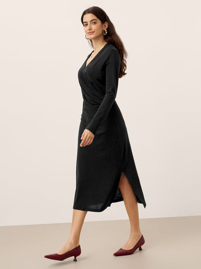 Crossover V-Neck Wrap Stretch Midi Dress MARNIE