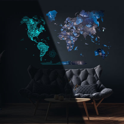 3D Luminous Colored Wooden World Map Space