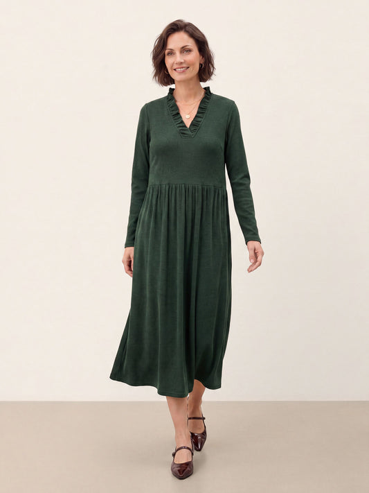 Lyocell Ruffle V-Neck Gathered Waist Knit Midi Dress BRIELLE