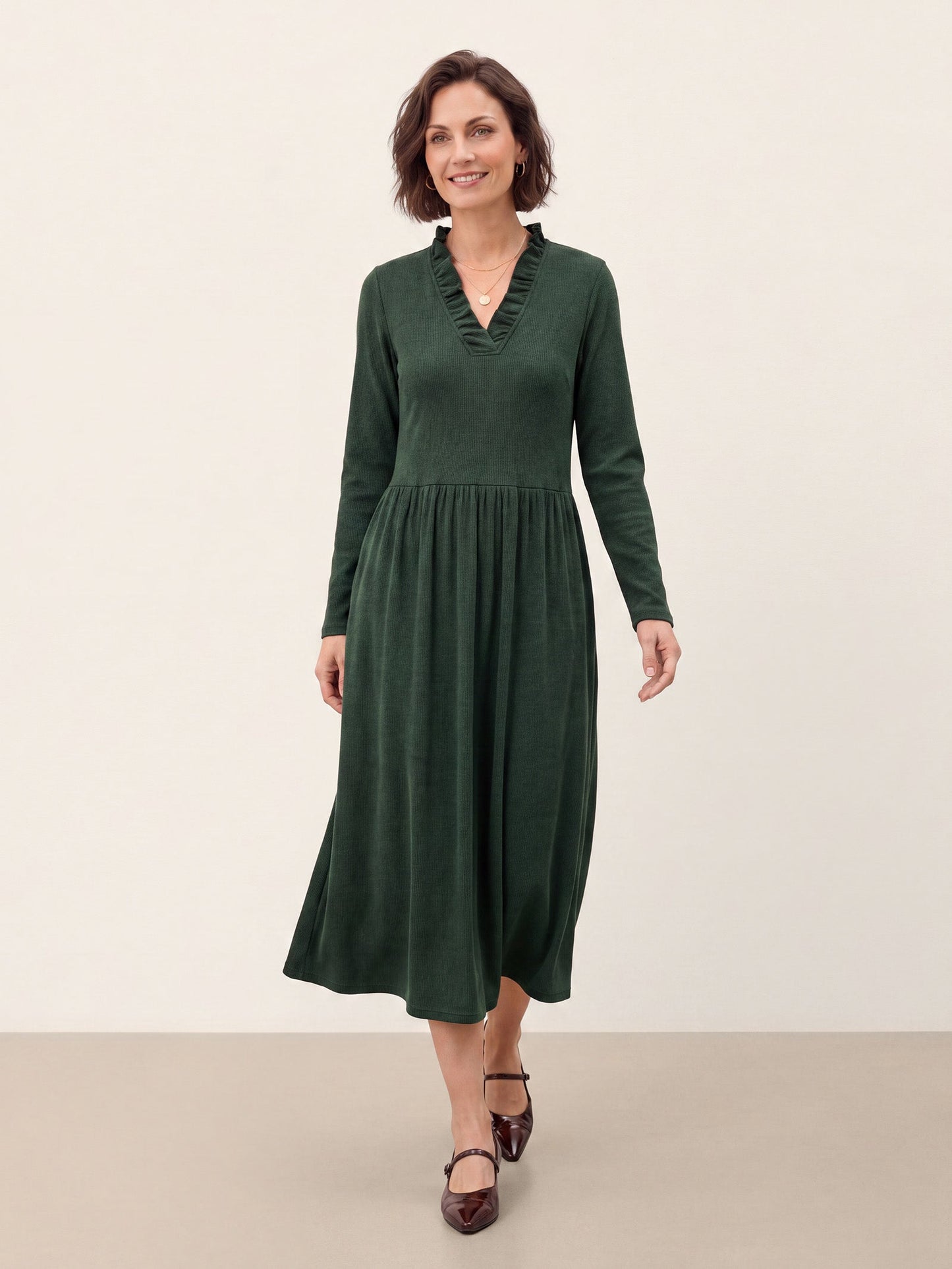 Lyocell Ruffle V-Neck Gathered Waist Knit Midi Dress BRIELLE