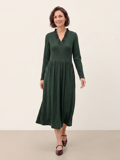 Lyocell Ruffle V-Neck Gathered Waist Knit Midi Dress BRIELLE