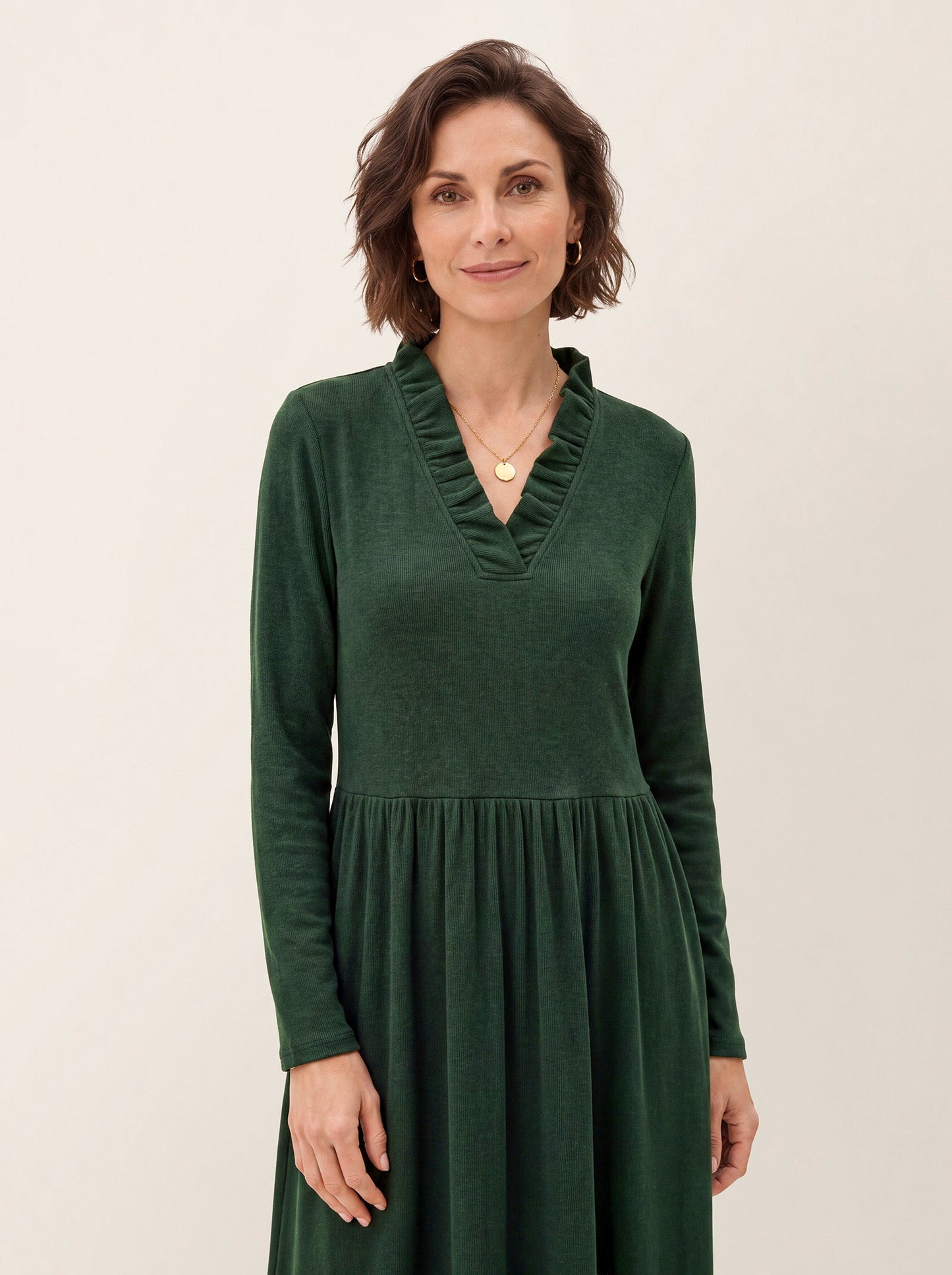 Lyocell Ruffle V-Neck Gathered Waist Knit Midi Dress BRIELLE