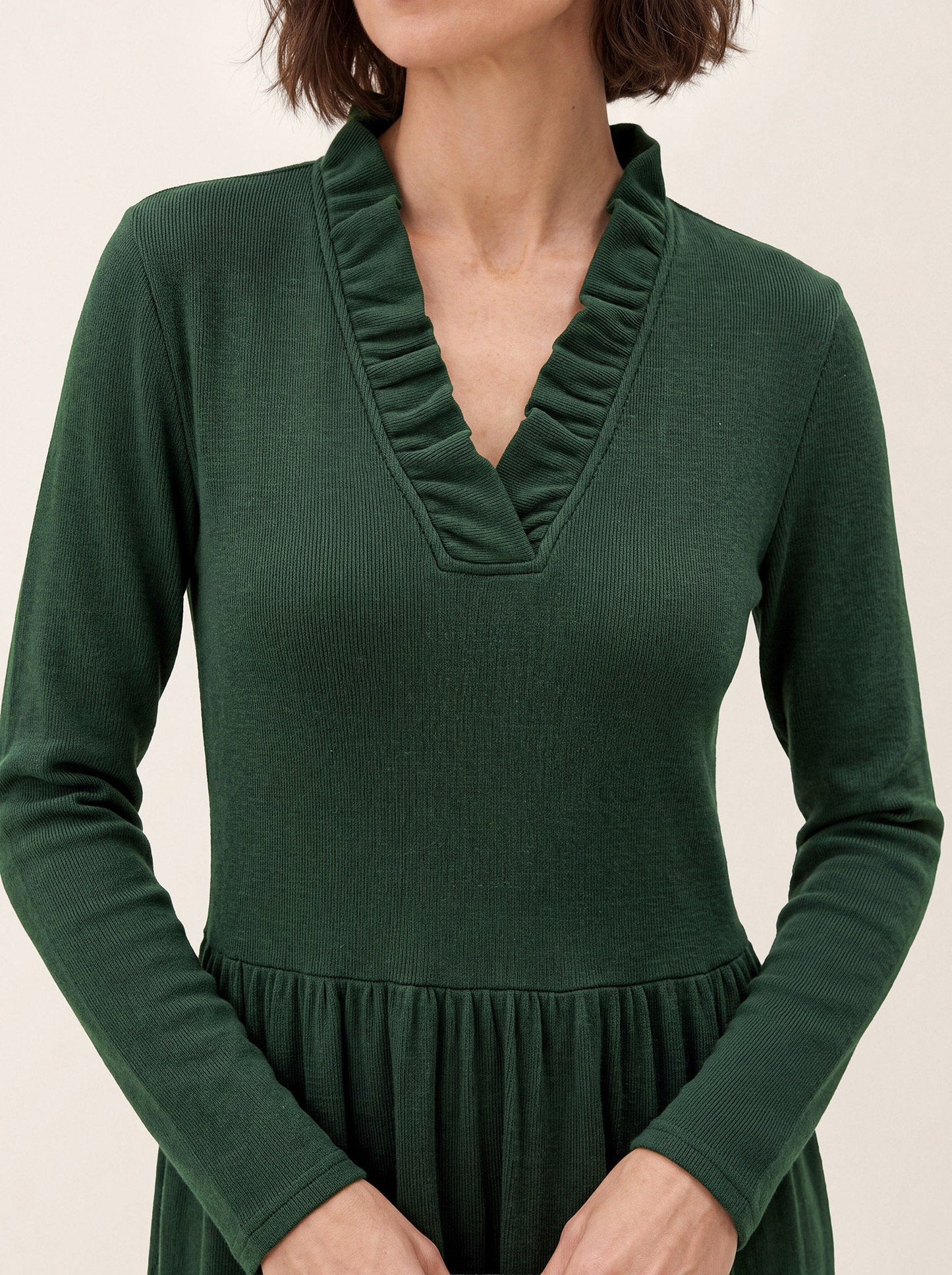 Lyocell Ruffle V-Neck Gathered Waist Knit Midi Dress BRIELLE