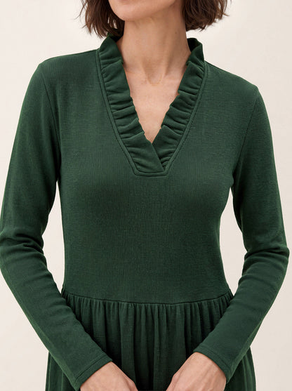 Lyocell Ruffle V-Neck Gathered Waist Knit Midi Dress BRIELLE