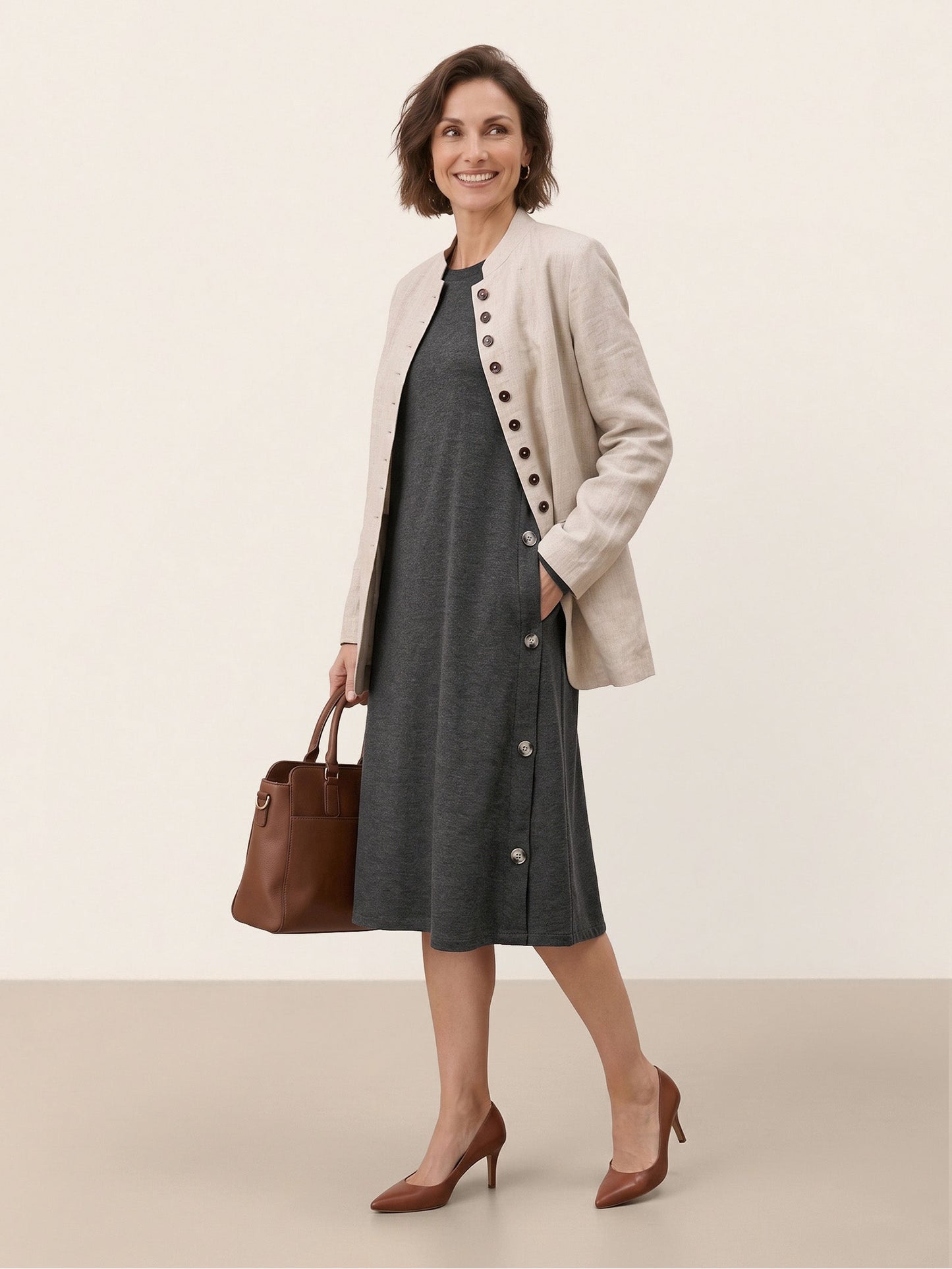 Lyocell Wool Side Button A-Line Knit Midi Dress MIRENA