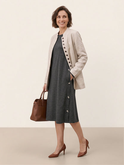 Lyocell Wool Side Button A-Line Knit Midi Dress MIRENA