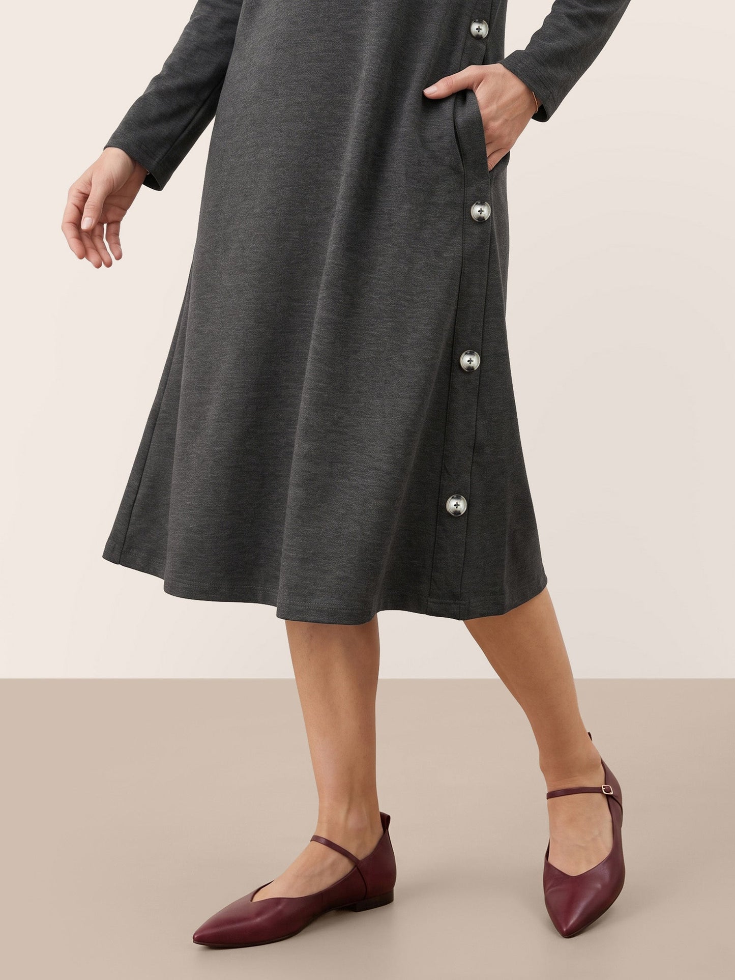 Lyocell Wool Side Button A-Line Knit Midi Dress MIRENA