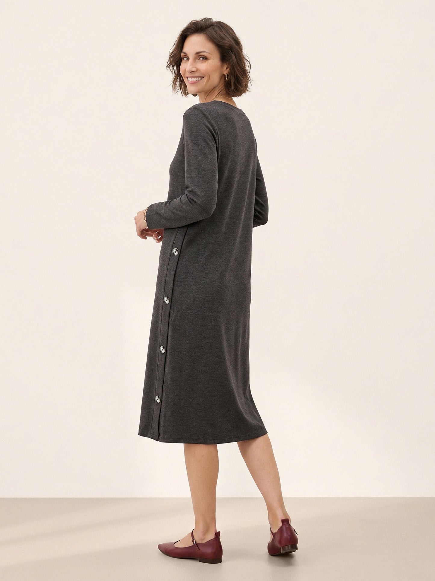 Lyocell Wool Side Button A-Line Knit Midi Dress MIRENA