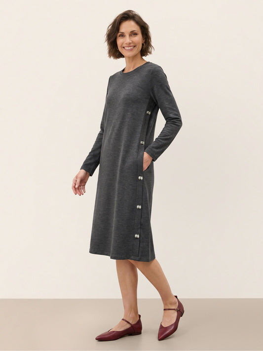 Lyocell Wool Side Button A-Line Knit Midi Dress MIRENA