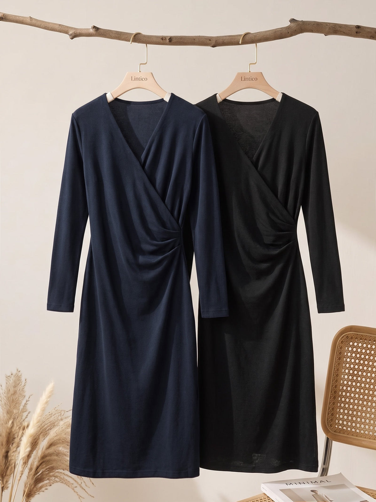 Crossover V-Neck Wrap Stretch Midi Dress MARNIE