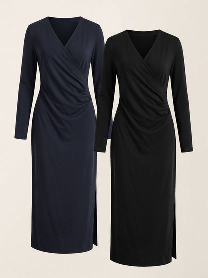 Crossover V-Neck Wrap Stretch Midi Dress MARNIE