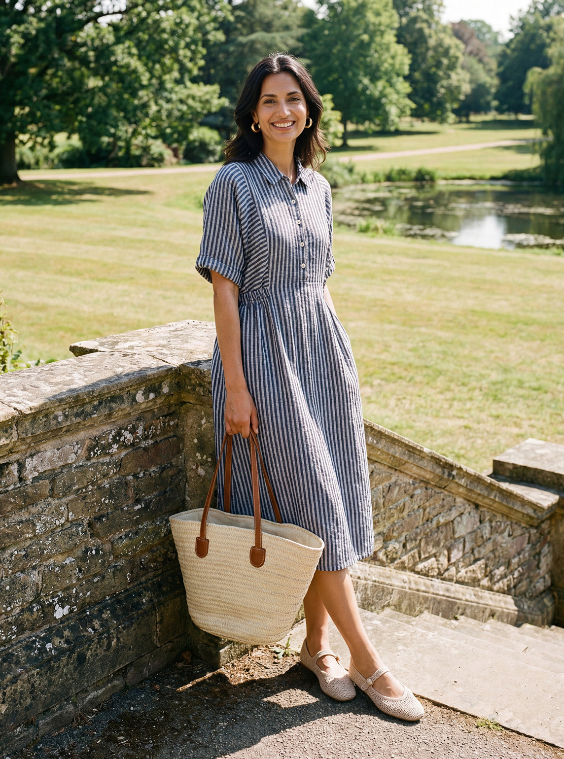 100% Linen Striped Buttoned Front Short-Sleeve Midi Shirt Dress CASSANDRA