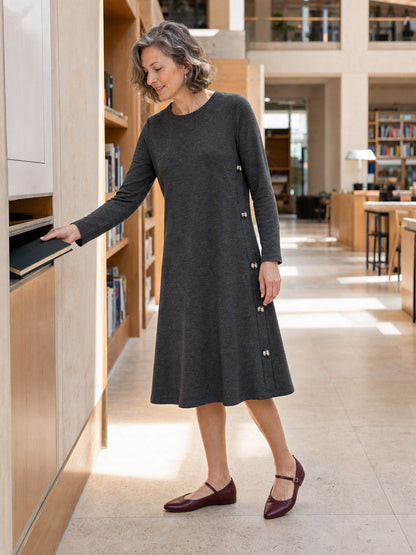 Lyocell Wool Side Button A-Line Knit Midi Dress MIRENA
