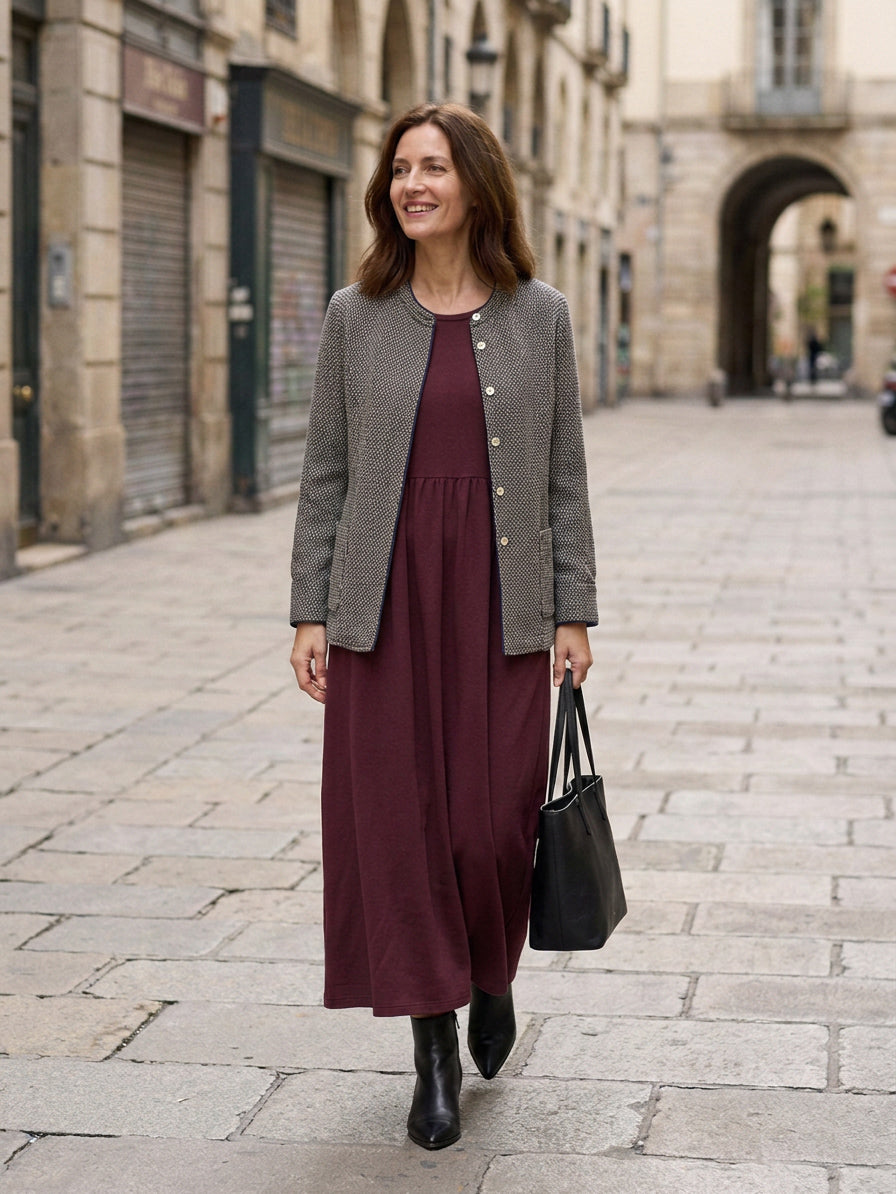 Organic Cotton Patchwork Cuff Crew Neck Casual Midi Dress SCARLETT
