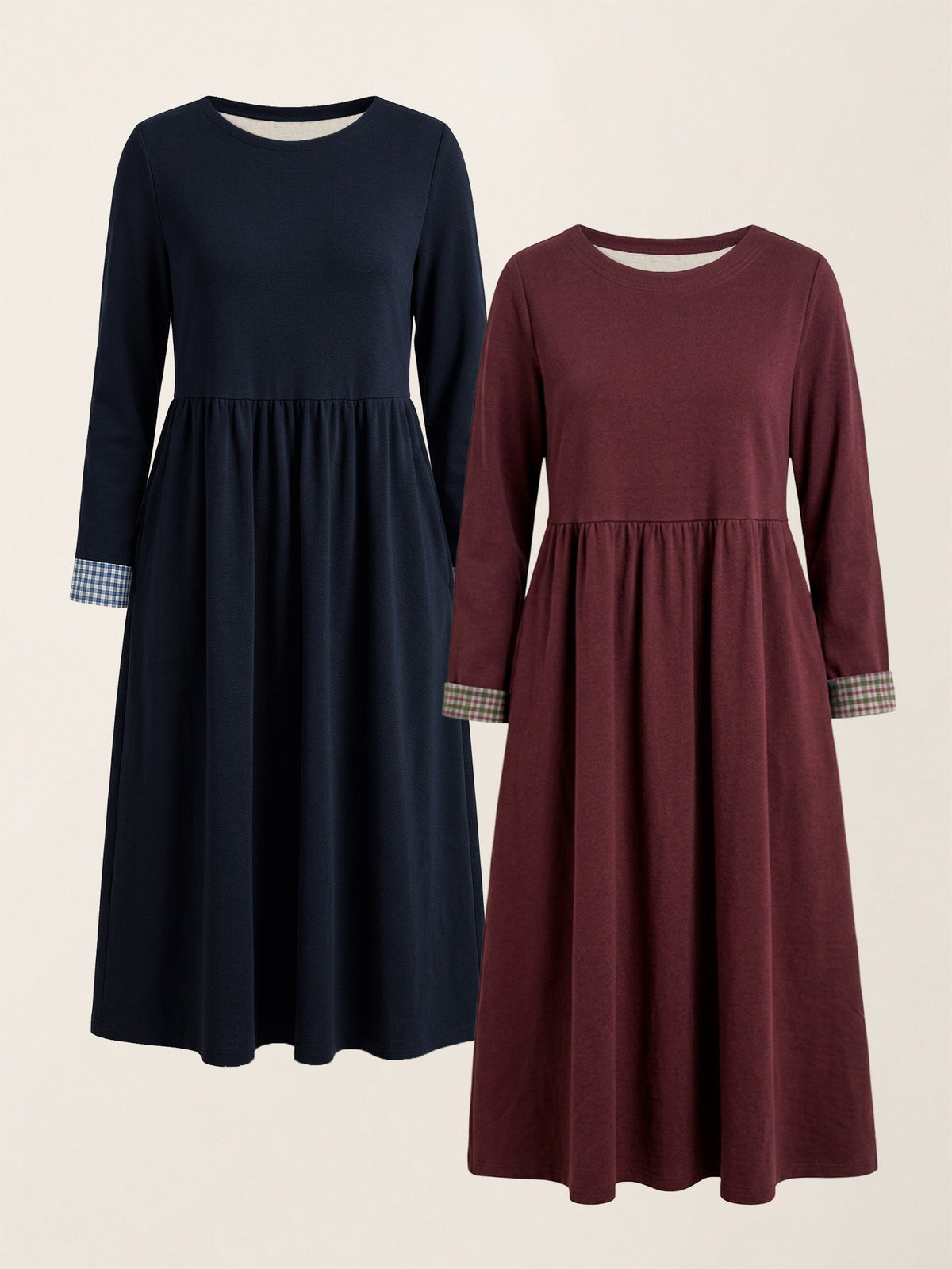 Organic Cotton Patchwork Cuff Crew Neck Casual Midi Dress SCARLETT