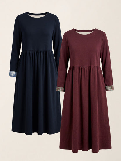 Organic Cotton Patchwork Cuff Crew Neck Casual Midi Dress SCARLETT