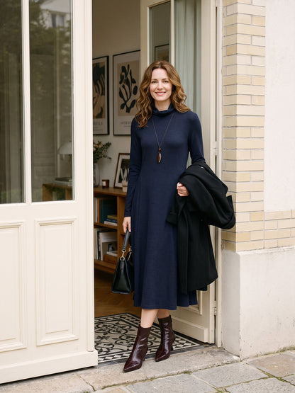 Wool Sculpted Pleats Turtleneck Midi Dress BRIAR