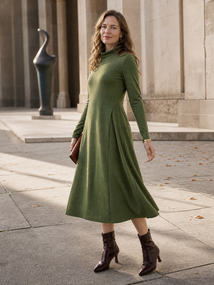 Wool Sculpted Pleats Turtleneck Midi Dress BRIAR