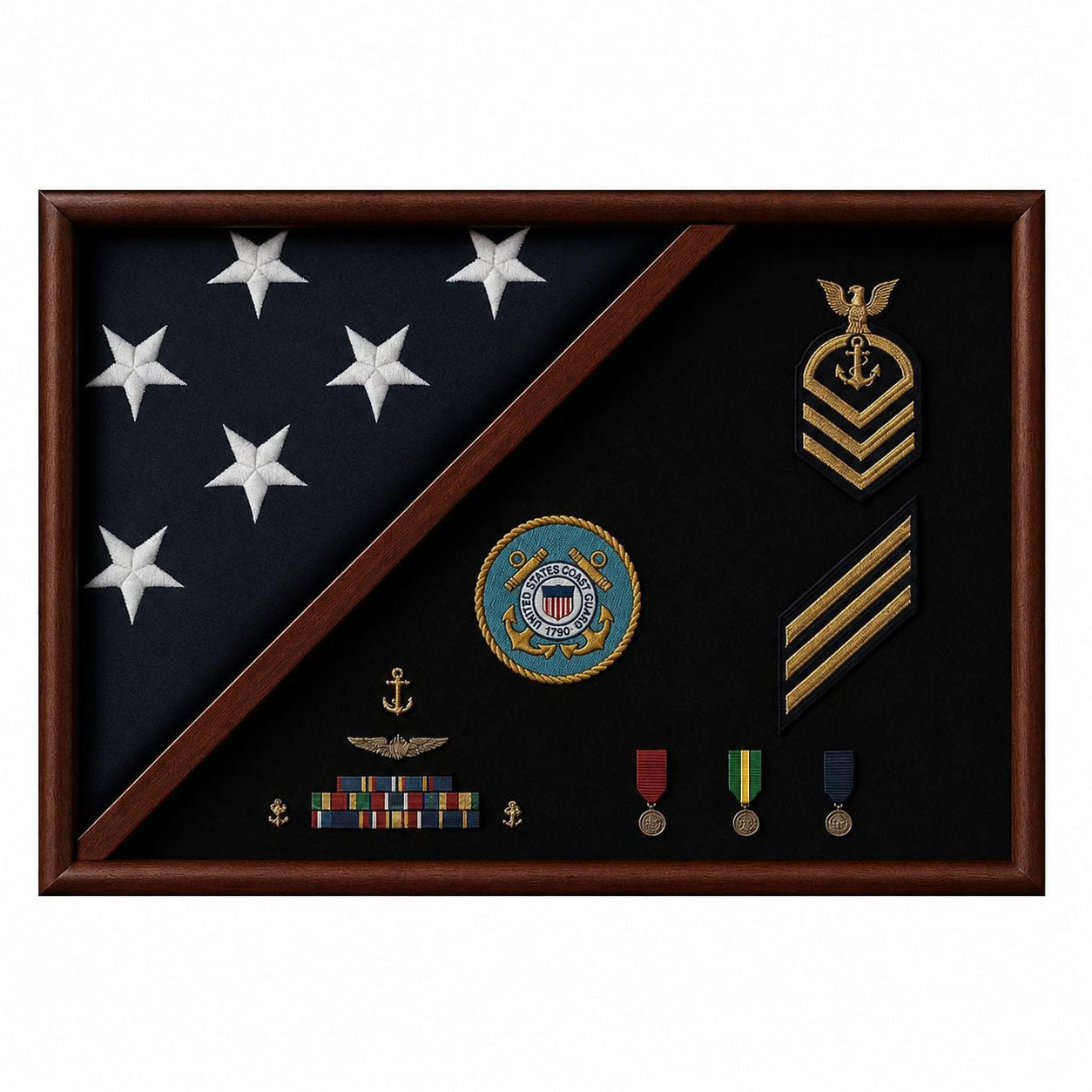 Medal Glass Display Case Shadow Box, Coast Guard Flag Display.