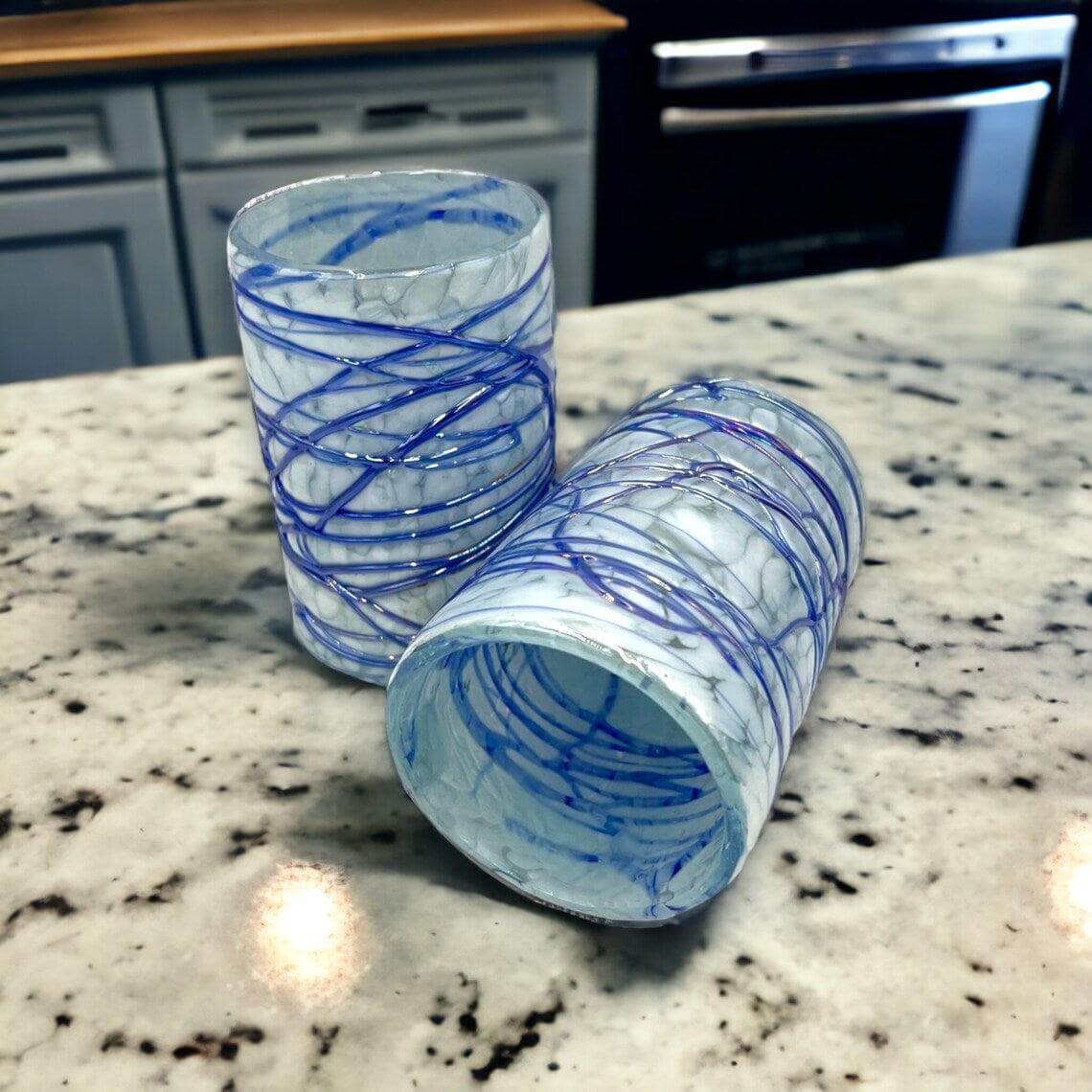 Mexican Hand-Blown Drinking Glasses | White and Blue Artisan Glassware