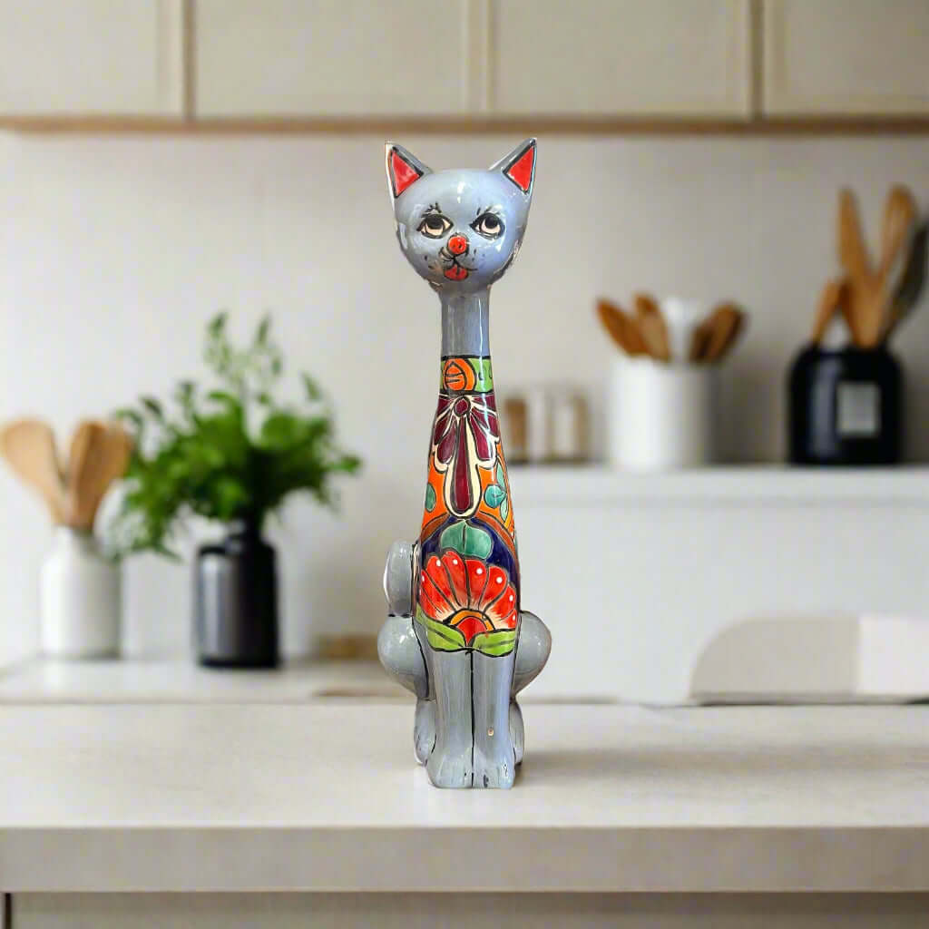 Mexican Handmade Talavera Cat Statue | Cultural Artwork