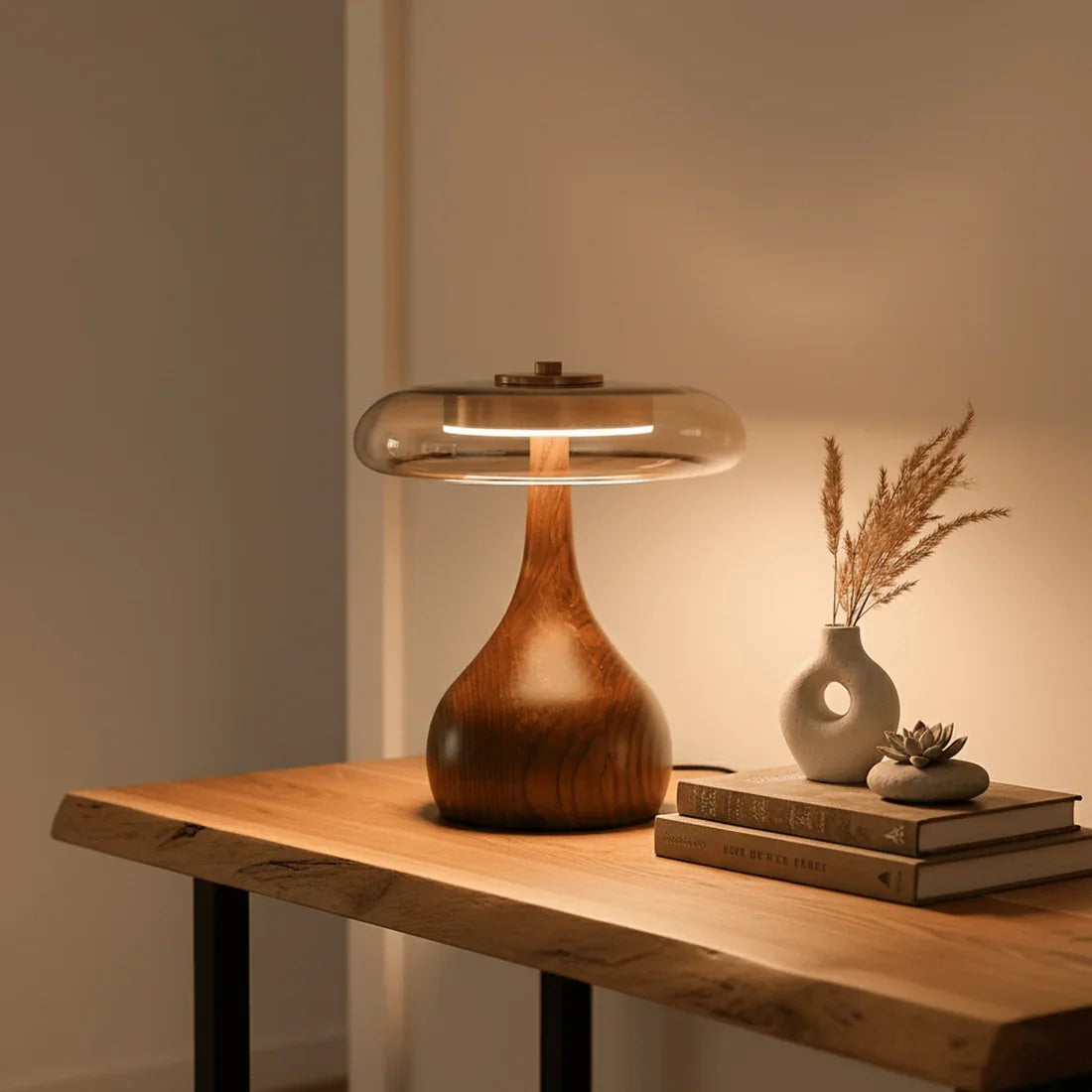 Mid-Century Wood & Glass Disc Table Lamp