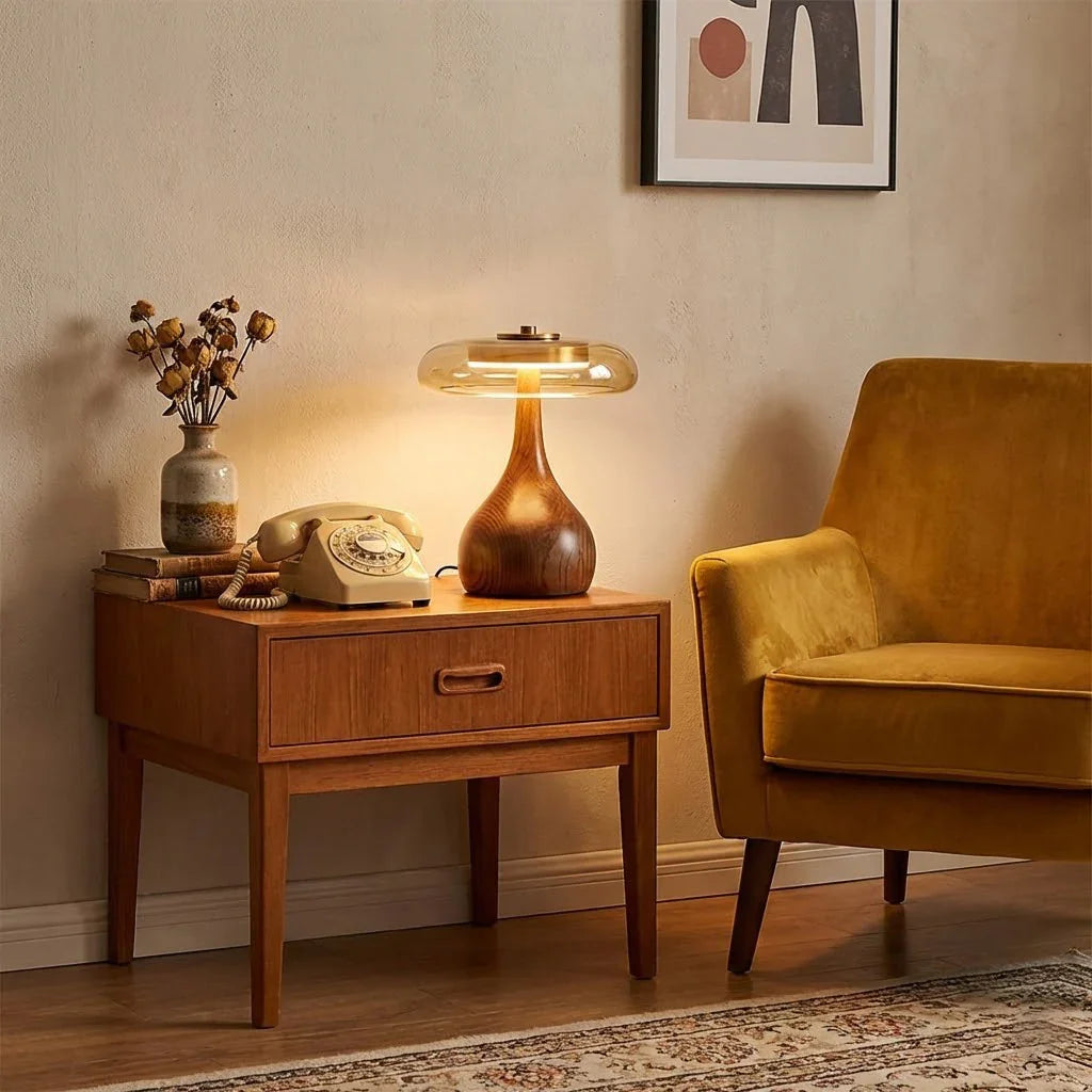Mid-Century Wood & Glass Disc Table Lamp