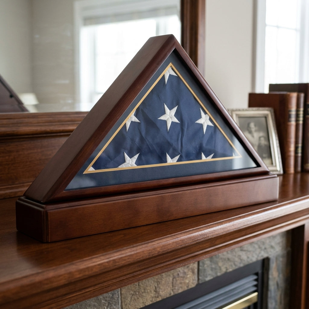 Burial/Funeral Military Shadow Box with Pedestal Stand (with Marine Dark Blue Mat)