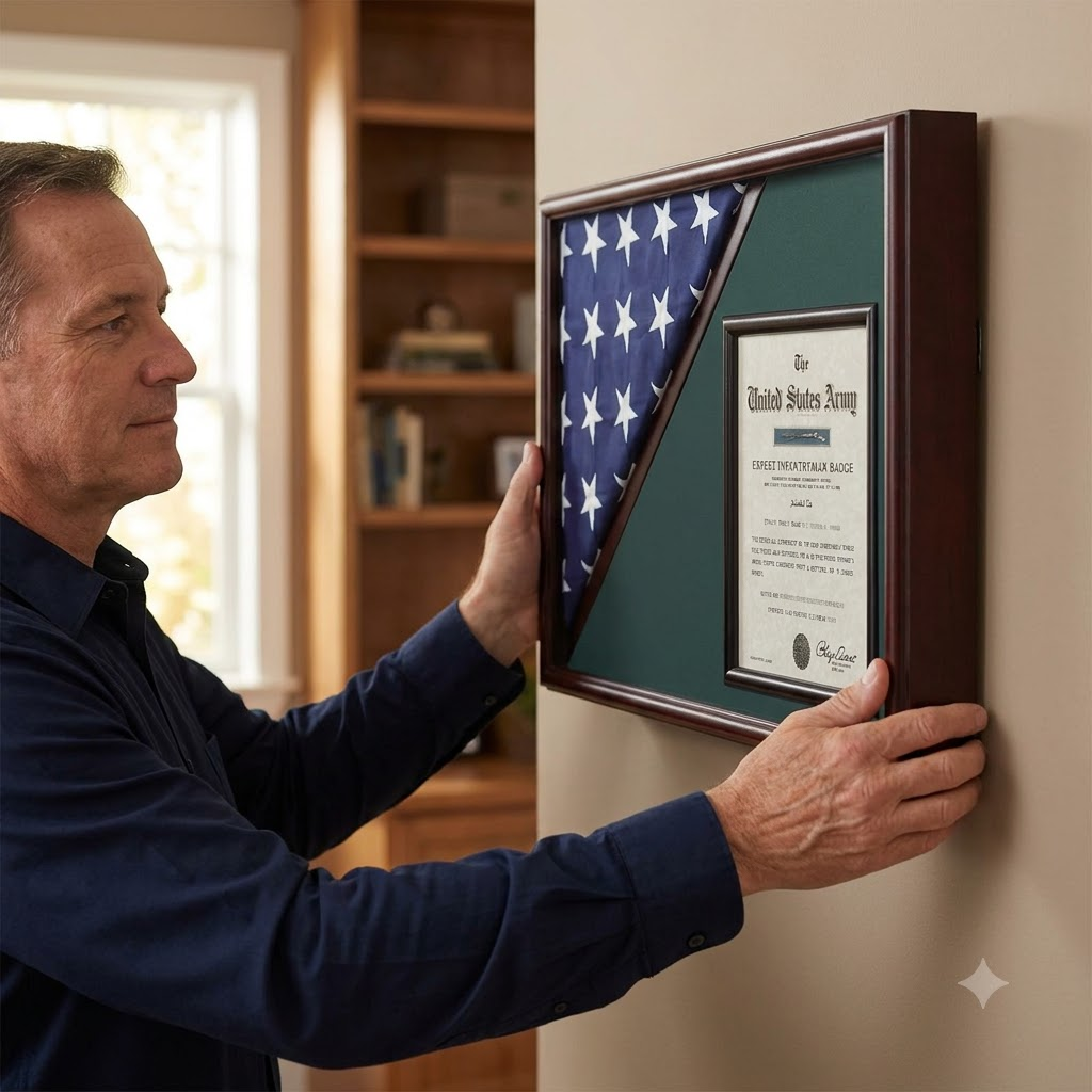 Shadow box for 5' x 9.5' flag with 8.5 x 11 Document holder, Black Finish