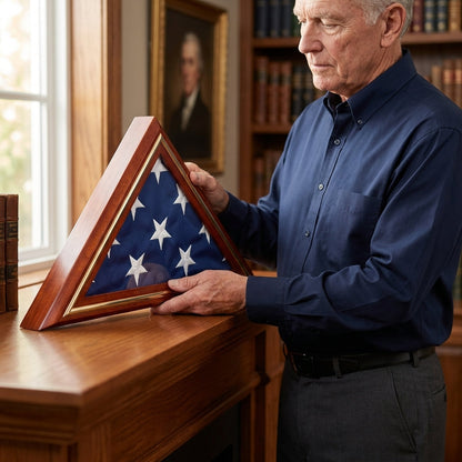 Gold Trim Flag Display Case, Gold Trim Pedestal Flag Display Case, Pedestal and Flag Case