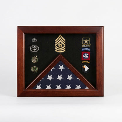 Military Flag medal display case, Mahogany wood for 3x5 flag available in blue or black.