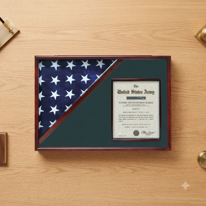 Shadow box for 5' x 9.5' flag with 8.5 x 11 Document holder, Cherry Finish