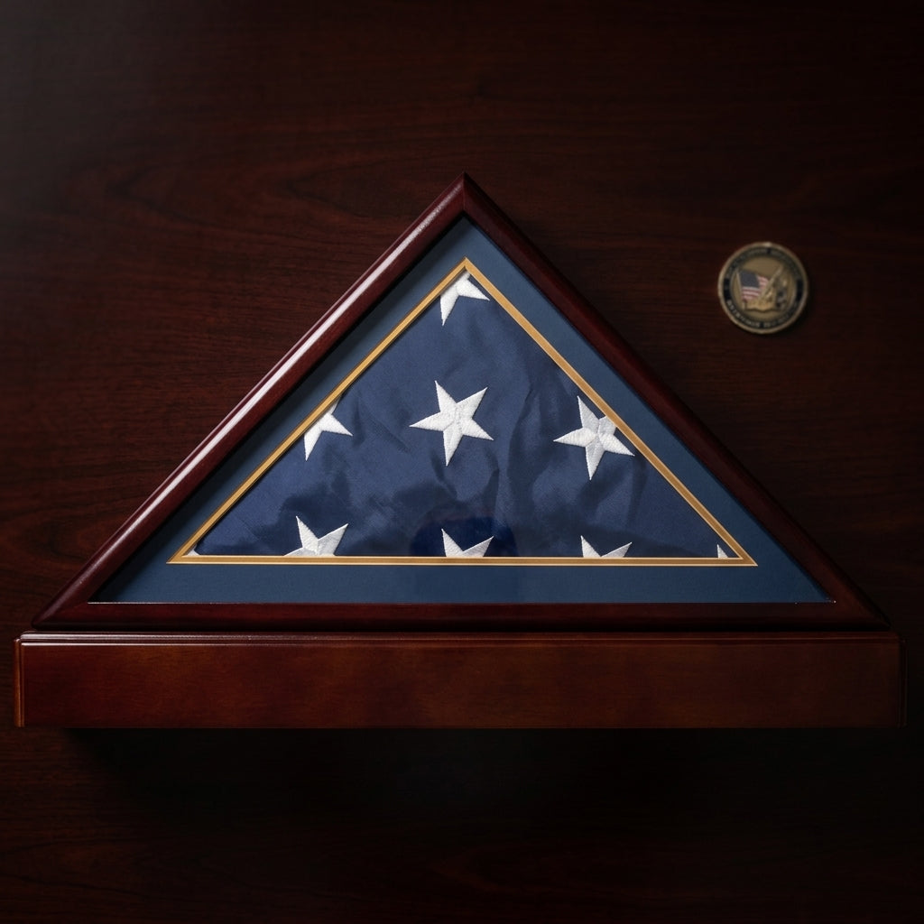 Burial/Funeral Flag Display Case Frame, Military Shadow Box with Pedestal Stand - Engraved Emblem