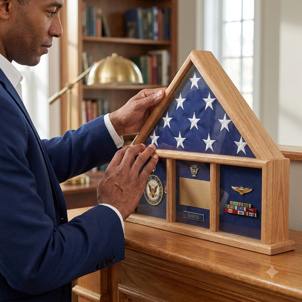 Oak 3 x 5 flag memorial case, Walnut Case