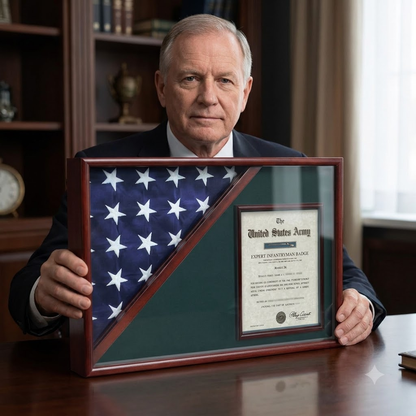 Shadow box for 5' x 9.5' flag with 8.5 x 11 Document holder, Cherry Finish