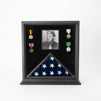 Military Photo Flag and Medal Display Case - folded 3x5 American flag
