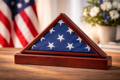 Burial/Funeral Flag Display Case Frame, Military Shadow Box with Pedestal Stand - Cherry
