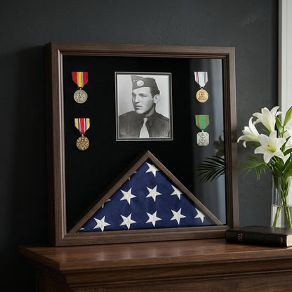 Military Photo Flag and Medal Display Case - folded 3x5 American flag