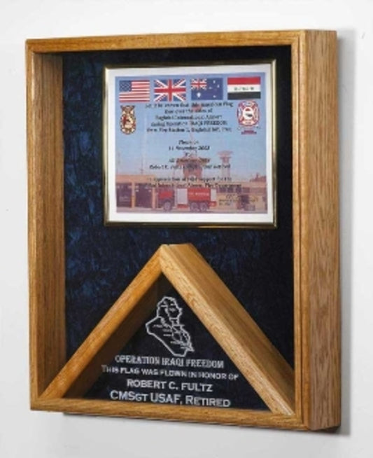 Military certificates and flag frames, combo flag case.