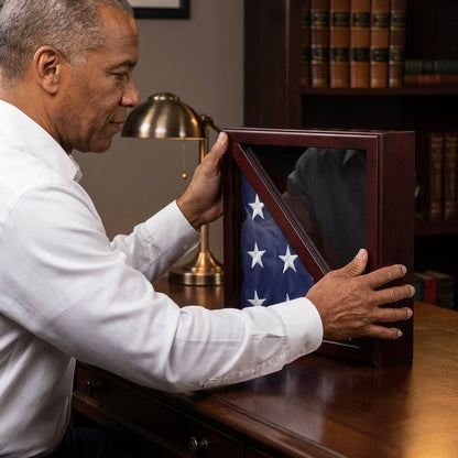 Flag Connections Flag Display Case, Tempered Glass, Pine Wood, Felt Construction – Mahogany Finish