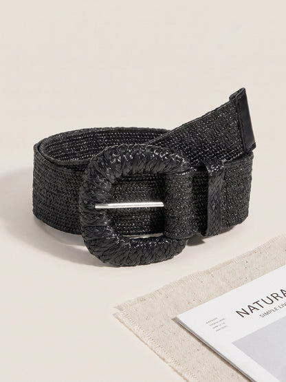 Natural Woven Straw Belt With Square Buckle
