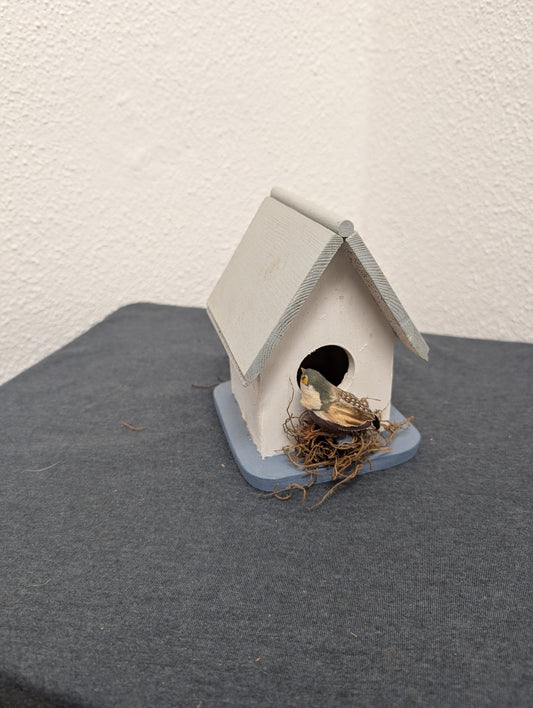 Vintage handcrafted decorative wooden birdhouse with bird in nest