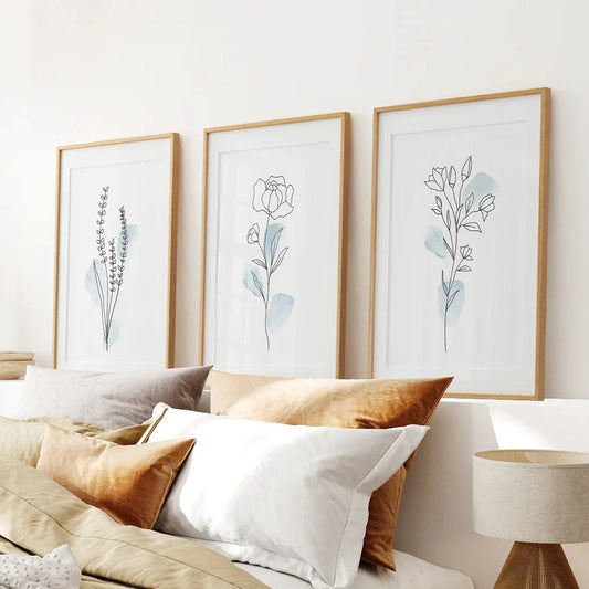 Botanical Line Art Set of 3 Pieces. Pastel Blue Flowers