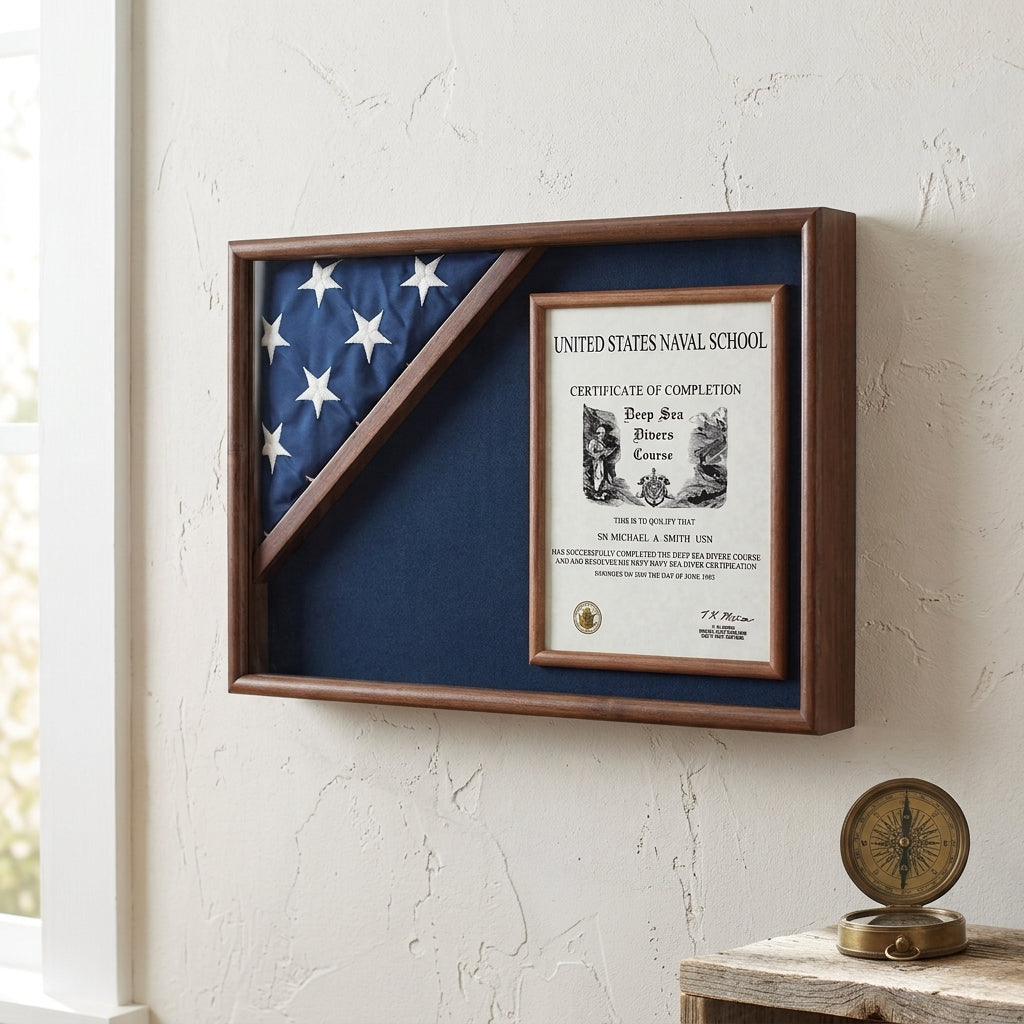 Corner Flag Case for 3' x 5' Flag, Display flag box - Walnut