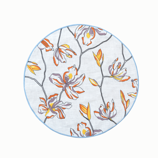 Hand Embroidered Floral Fresco Placemats 16" round (Set of 4)