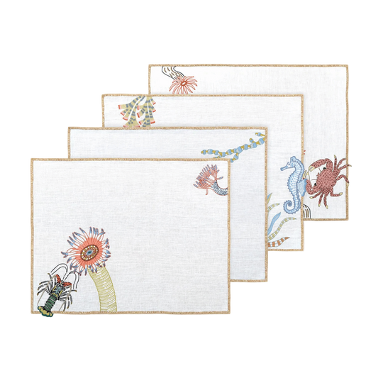 Hand Embroidered Marine Life Placemats 14" × 18" (Set of 4)