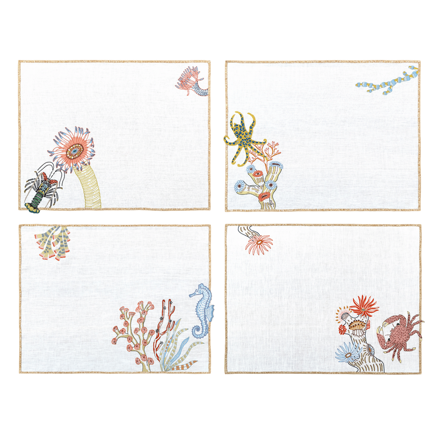 Hand Embroidered Marine Life Placemats 14" × 18" (Set of 4)
