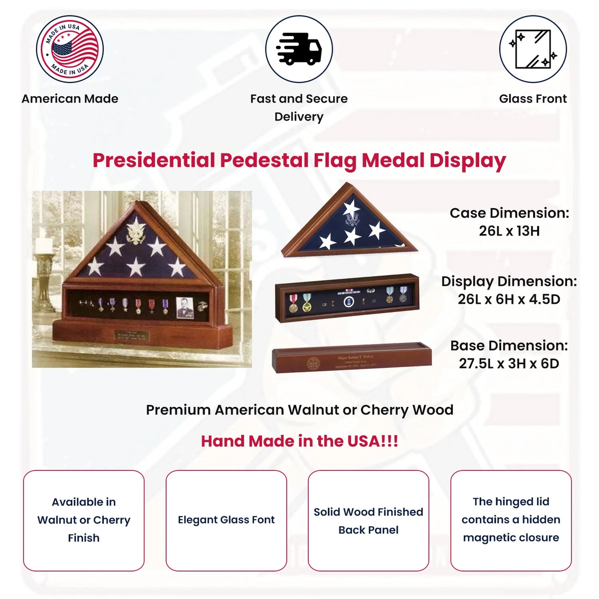 Presidential Pedestal Flag Medal Display - Walnut Material.