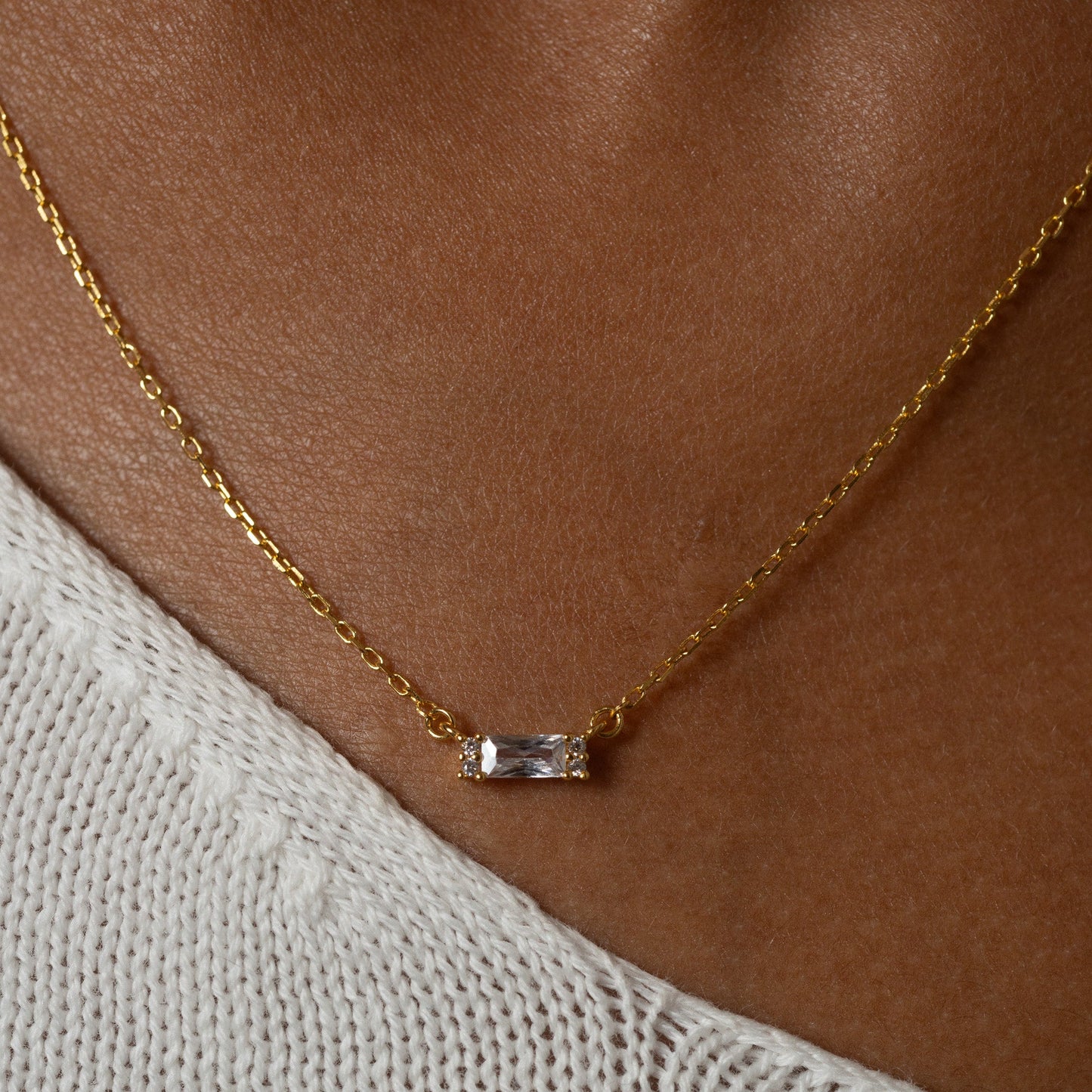 Bar Square Necklace with White Gem