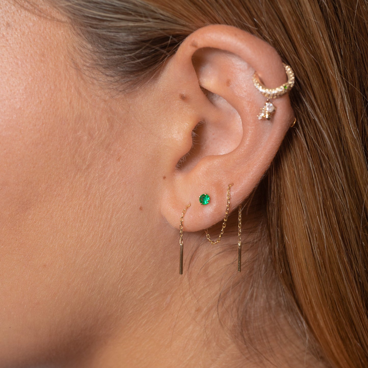 14K Solid Gold 3mm Emerald Green CZ Threadless Labret Flat Back Earring